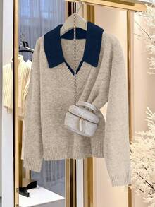 Franclia V-Neck 2 In 1 Long Sleeve Sweater, Autumn/Winter - Khaki - View 4