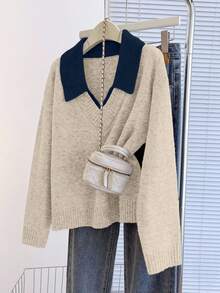 Franclia V-Neck 2 In 1 Long Sleeve Sweater, Autumn/Winter - Khaki - View 5