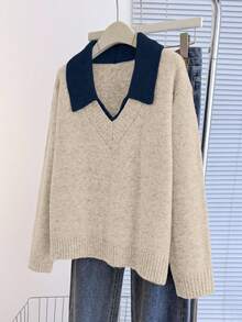 Franclia V-Neck 2 In 1 Long Sleeve Sweater, Autumn/Winter - Khaki - View 7