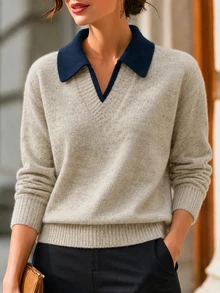 Franclia V-Neck 2 In 1 Long Sleeve Sweater, Autumn/Winter - Khaki - View 3