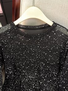 SHEIN Rosurelle 女式黑色银箔圆领长袖时尚上衣 - 黑色 - 查看 4