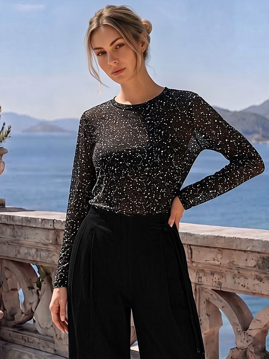 SHEIN Rosurelle 女式黑色银箔圆领长袖时尚上衣 - 黑色 - 查看 1