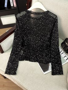 SHEIN Rosurelle 女式黑色银箔圆领长袖时尚上衣 - 黑色 - 查看 2
