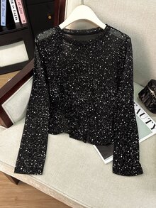 SHEIN Rosurelle 女式黑色银箔圆领长袖时尚上衣 - 黑色 - 查看 3