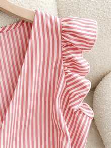 SHEIN Rosurelle 女士夏季条纹荷叶袖纽扣腰身通勤衬衫 - 粉色 - 查看 5