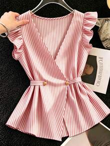 SHEIN Rosurelle 女士夏季条纹荷叶袖纽扣腰身通勤衬衫 - 粉色 - 查看 7