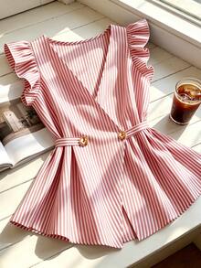 SHEIN Rosurelle 女士夏季条纹荷叶袖纽扣腰身通勤衬衫 - 粉色 - 查看 6
