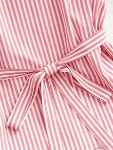 SHEIN Rosurelle 女士夏季条纹荷叶袖纽扣腰身通勤衬衫 - 粉色 - 查看 4