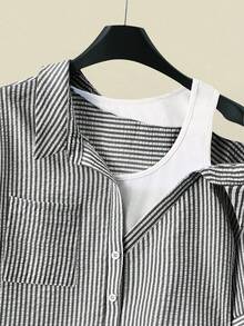 SHEIN Rosurelle 女式休闲条纹插肩短袖纹理蓝白衬衫，夏季 - 黑色 - 查看 5
