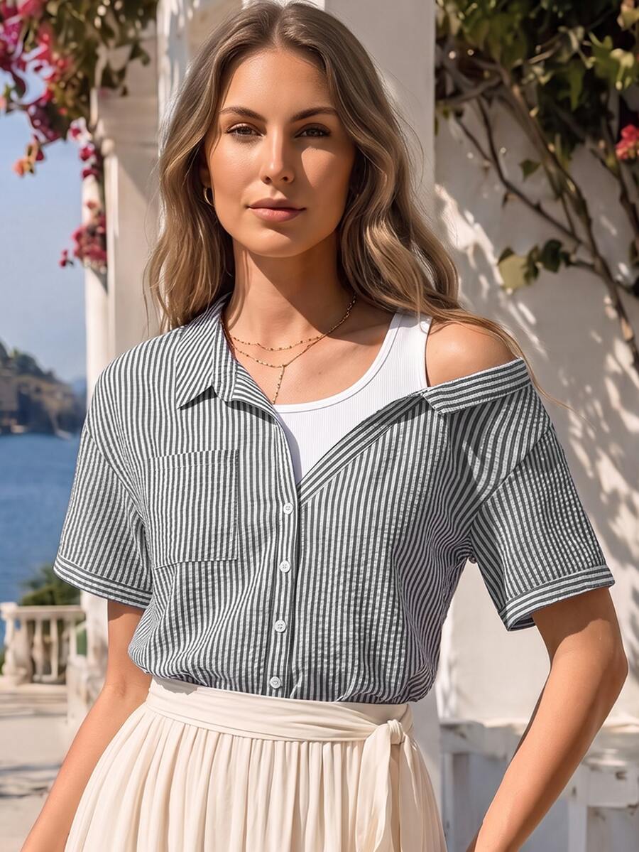 SHEIN Rosurelle 女式休闲条纹插肩短袖纹理蓝白衬衫,夏季 - 黑色 - 查看 1