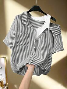 SHEIN Rosurelle 女式休闲条纹插肩短袖纹理蓝白衬衫，夏季 - 黑色 - 查看 3