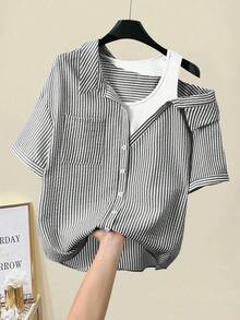 SHEIN Rosurelle 女式休闲条纹插肩短袖纹理蓝白衬衫，夏季 - 黑色 - 查看 7
