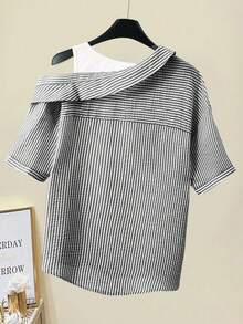 SHEIN Rosurelle 女式休闲条纹插肩短袖纹理蓝白衬衫，夏季 - 黑色 - 查看 2