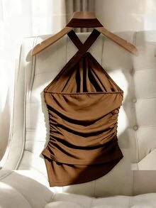 SHEIN Rosurelle Shades Of Brown 夏季優雅派對之夜棕色女款比基尼泳衣 掛脖設計 金色鈕扣細節 抓皺 無袖 不對稱下擺 - 咖啡棕 - 查看 2