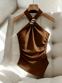 SHEIN Rosurelle Shades Of Brown 夏季優雅派對之夜棕色女款比基尼泳衣 掛脖設計 金色鈕扣細節 抓皺 無袖 不對稱下擺 - 咖啡棕 - 查看 3