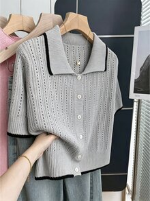 SHEIN Rosurelle 女士休闲宽松 Polo 领短袖镂空针织撞色滚边杏色开衫，春夏款 - 淺灰色 - 查看 3