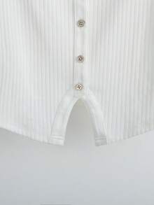 Franclia Spring/Summer New Simple Front Button Decor Hem Slit Ruffle Hem Short Sleeve T-Shirt - White - View 5