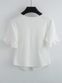 Franclia Spring/Summer New Simple Front Button Decor Hem Slit Ruffle Hem Short Sleeve T-Shirt - White - View 2
