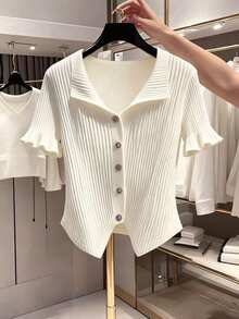 Franclia Spring/Summer New Simple Front Button Decor Hem Slit Ruffle Hem Short Sleeve T-Shirt - White - View 3