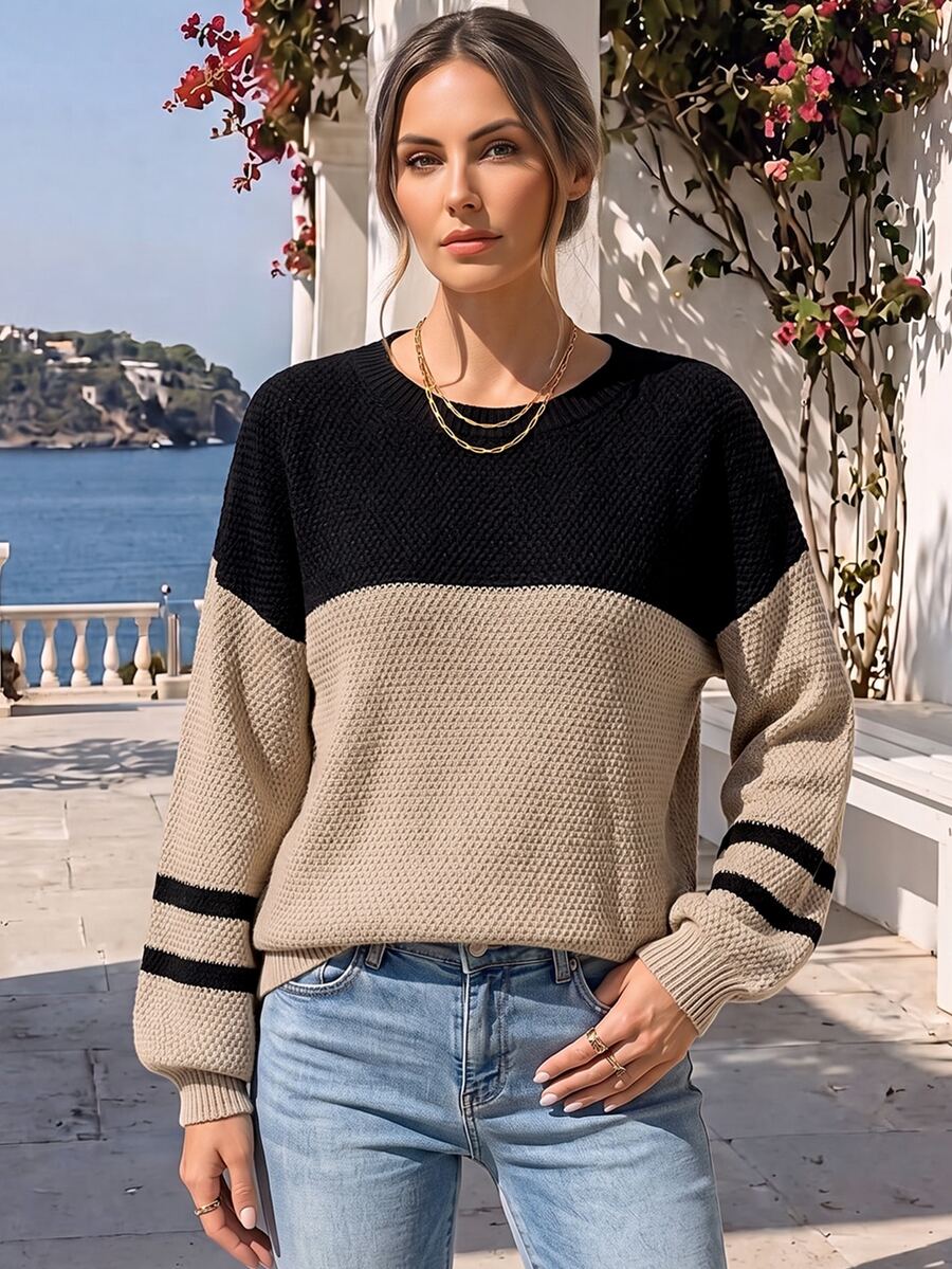 SHEIN Rosurelle Color Block Drop Shoulder Sweater,Long Sleeve Tops Knit Pullover Fall Winter Sweater - Mocha Brown - View 1