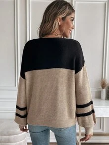 SHEIN Rosurelle Color Block Drop Shoulder Sweater,Long Sleeve Tops Knit Pullover Fall Winter Sweater - Mocha Brown - View 2