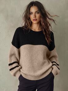 SHEIN Rosurelle Color Block Drop Shoulder Sweater,Long Sleeve Tops Knit Pullover Fall Winter Sweater - Mocha Brown - View 3