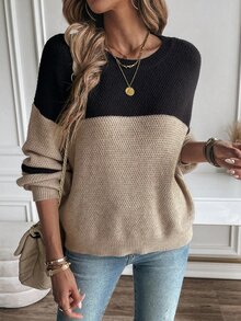SHEIN Rosurelle Color Block Drop Shoulder Sweater,Long Sleeve Tops Knit Pullover Fall Winter Sweater - Mocha Brown - View 7