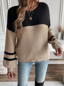 SHEIN Rosurelle Color Block Drop Shoulder Sweater,Long Sleeve Tops Knit Pullover Fall Winter Sweater - Mocha Brown - View 5