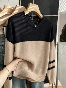 SHEIN Rosurelle Color Block Drop Shoulder Sweater,Long Sleeve Tops Knit Pullover Fall Winter Sweater - Mocha Brown - View 4