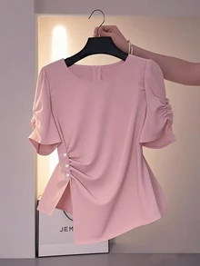 SHEIN Rosurelle Asymmetric Design Elegant Women Round Neck Blouse - Baby Pink - View 3