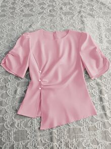 SHEIN Rosurelle Asymmetric Design Elegant Women Round Neck Blouse - Baby Pink - View 5