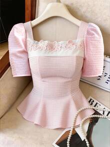 Feyla Women's Puff Sleeve Short Sleeve Square Neck Ruched Waist Elegant Blouse - Pink - View 4