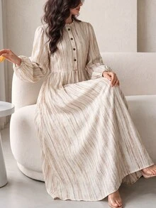 Yasmyna Women's Minimalist Button Half-Placket Long Sleeve Arabian Dress - Multicolor - View 1