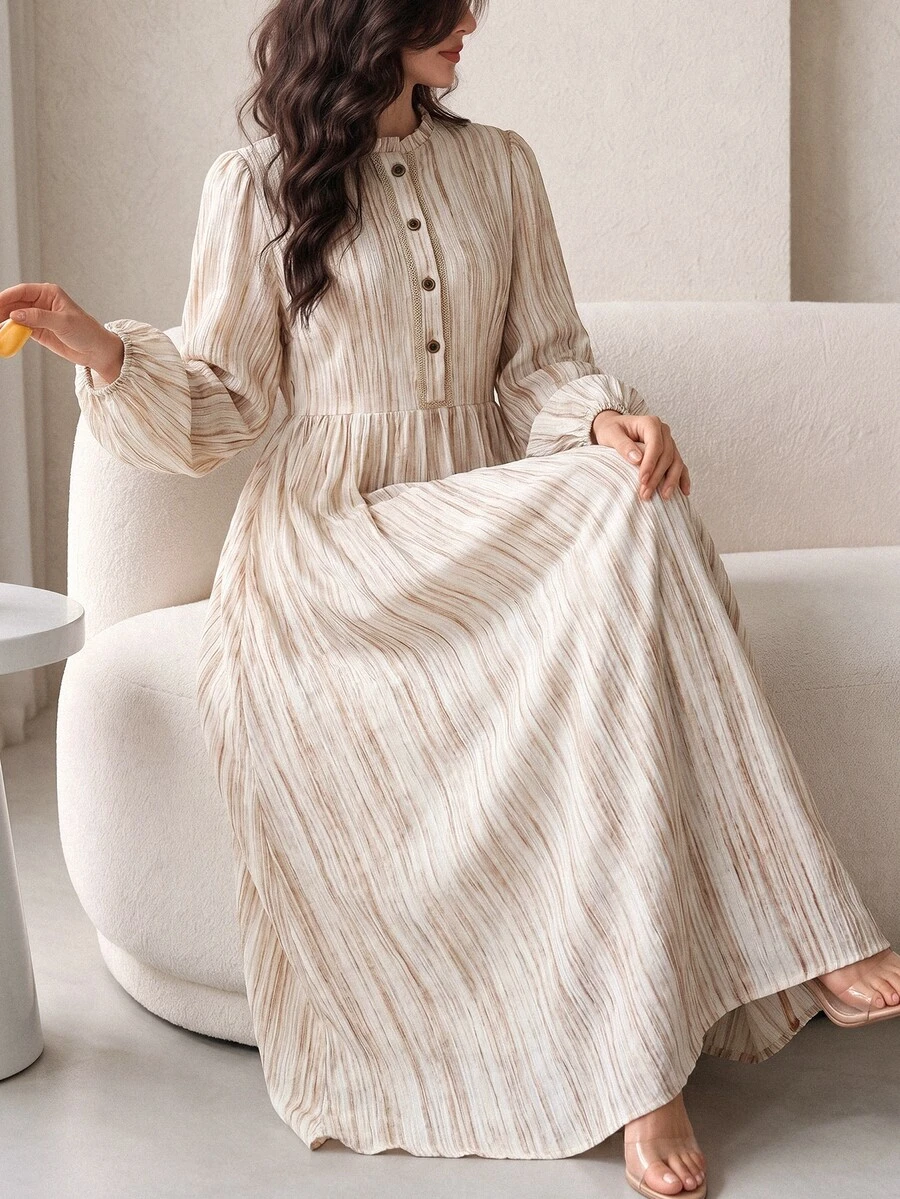 Yasmyna Women's Minimalist Button Half-Placket Long Sleeve Arabian Dress - Multicolor - View 1