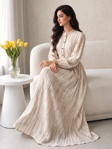 Yasmyna Women's Minimalist Button Half-Placket Long Sleeve Arabian Dress - Multicolor - View 3