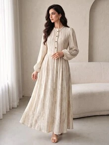 Yasmyna Women's Minimalist Button Half-Placket Long Sleeve Arabian Dress - Multicolor - View 4