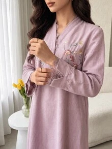 Women's Elegant Floral Embroidered Arabian Dress - Pink - View 4