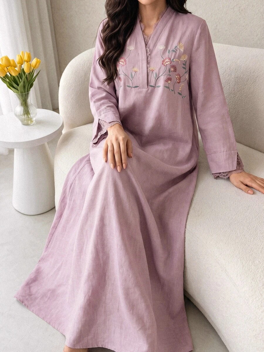 Women's Elegant Floral Embroidered Arabian Dress - Pink - View 1
