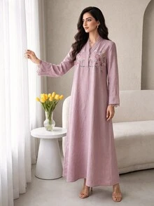 Women's Elegant Floral Embroidered Arabian Dress - Pink - View 5