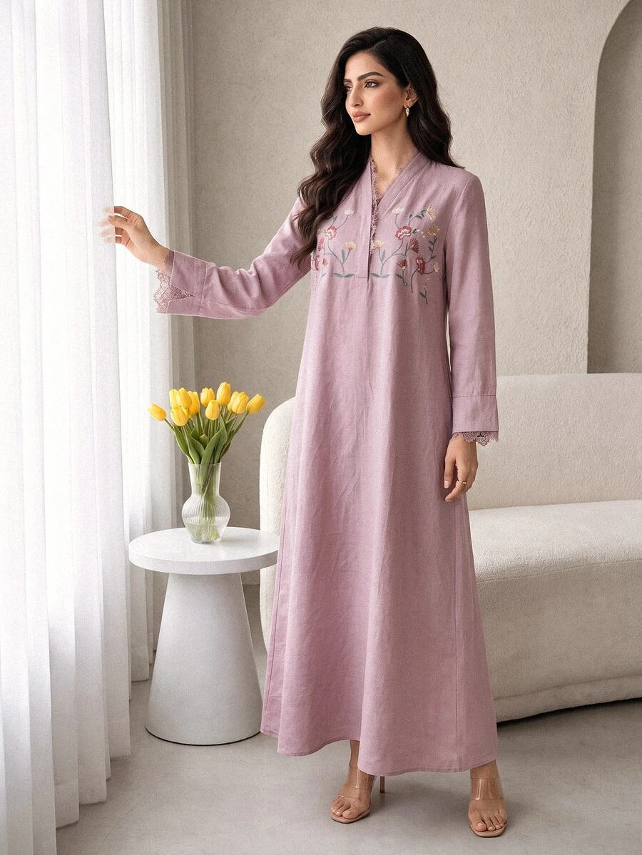 Yasmyna Women's Elegant Modest Floral Embroidered Arabian Dress Christening Guest Home Colorful Fall - Pink - View 1