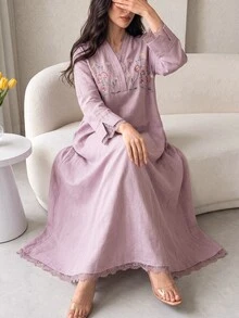 Women's Elegant Floral Embroidered Arabian Dress - Pink - View 3