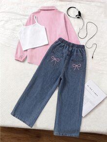 SHEIN 女童中大童春秋條紋長袖上衣與寬鬆淺藍牛仔褲2件套，甜美休閒日常穿搭 - 彩色 - 查看 2