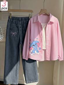 SHEIN 女童中大童春秋條紋長袖上衣與寬鬆淺藍牛仔褲2件套，甜美休閒日常穿搭 - 彩色 - 查看 1