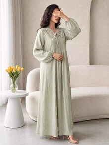 Yasmyna Women's Faux Pearl Decorated Pleated Arabian Dress - Green - View 5
