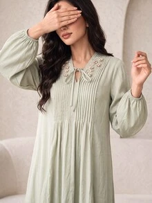 Yasmyna Women's Faux Pearl Decorated Pleated Arabian Dress - Green - View 1
