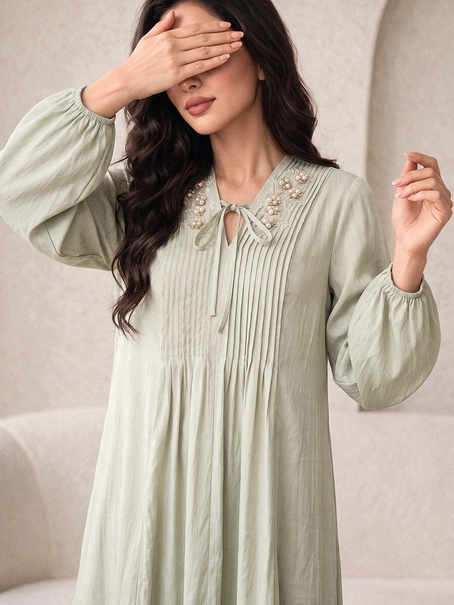 Yasmyna Women's Faux Pearl Decorated Pleated Arabian Dress - Green - View 1