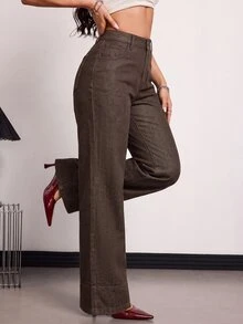 SHEIN EZwear 女款大尺碼修身牛仔褲 - 棕色 - 查看 3