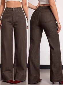 SHEIN EZwear 女款大尺碼修身牛仔褲 - 棕色 - 查看 1