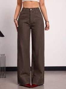 SHEIN EZwear 女款大尺碼修身牛仔褲 - 棕色 - 查看 6