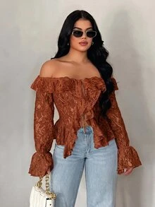 SHEIN SXY 棕色大尺碼女款秋季度假休閒優雅 70 年代風 開襟荷葉邊露肩長袖透視蕾絲襯衫 正式晚裝 - 棕色 - 查看 1